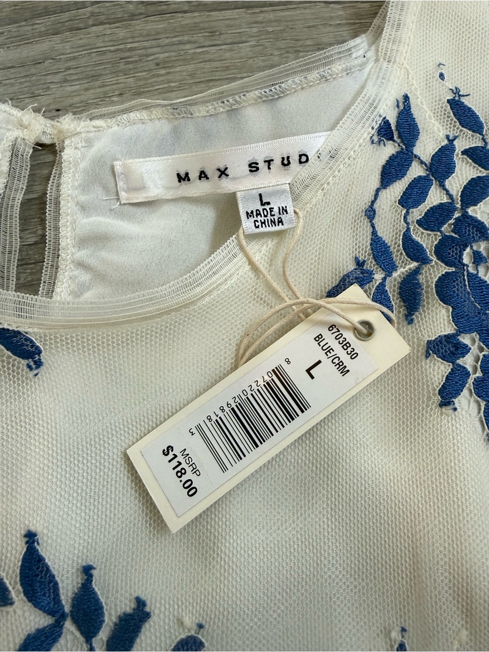 Max Studio Lace Cream Tank with Blue Floral Embroidery - Dressy - Picture 4 of 6